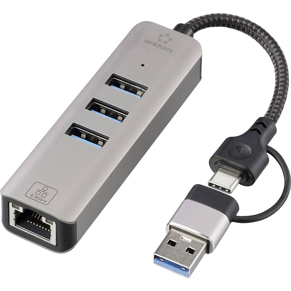 Renkforce RF-EAWH-300 RF-6856046 USB-hub 3 poorten USB-A, RJ45 USB 3.2 Gen1 5 GBit/s Met ingebouwde netwerkaansluiting Grijs