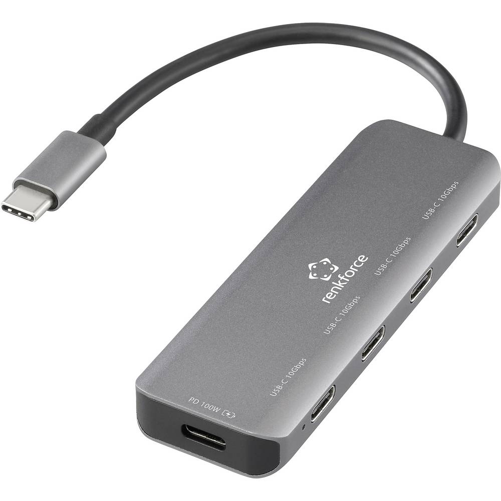 Renkforce RF-USBCH-220 RF-6872246 USB-hub 4 poorten USB-C USB 3.2 Gen2 10 GBit/s Met aluminium behuizing, Met USB-C stekker Grijs