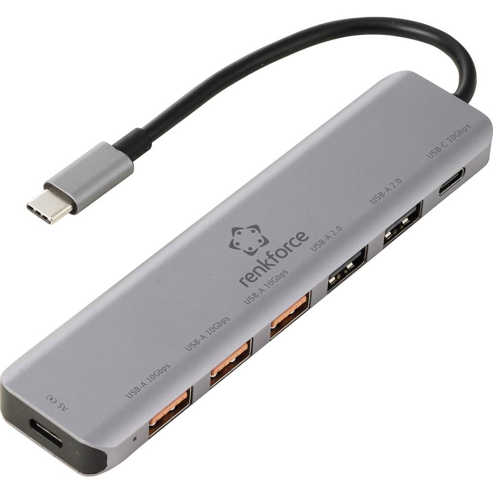 Renkforce RF-USBCH-450 RF-USBCH-450 USB-C® 6-in-1 Hub RF-7465828 USB-hub 6 + 1 poorten USB-C 3.2 Gen 2 USB 3.0 10 GBit/s Voor intern gebruik Grijs