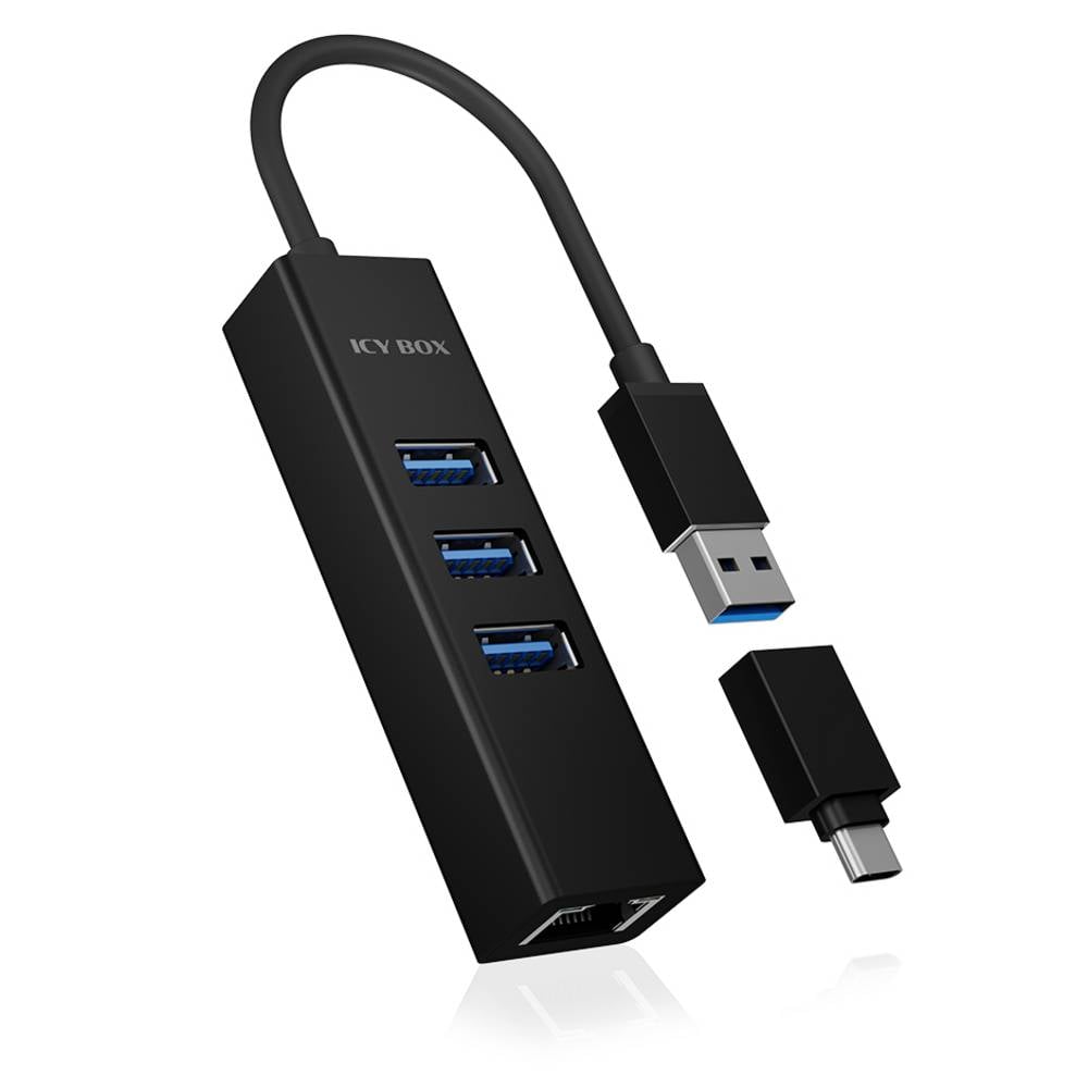 ICY BOX IB-HUB1419-LAN, USB 3.2 Gen 1 HUB und LAN Adapter, Type-A+C zu 3x USB 3.2 Gen 1 60844 USB-hub 4 poorten USB-A, RJ45 USB 3.1 Gen1 5 GBit/s Via PC