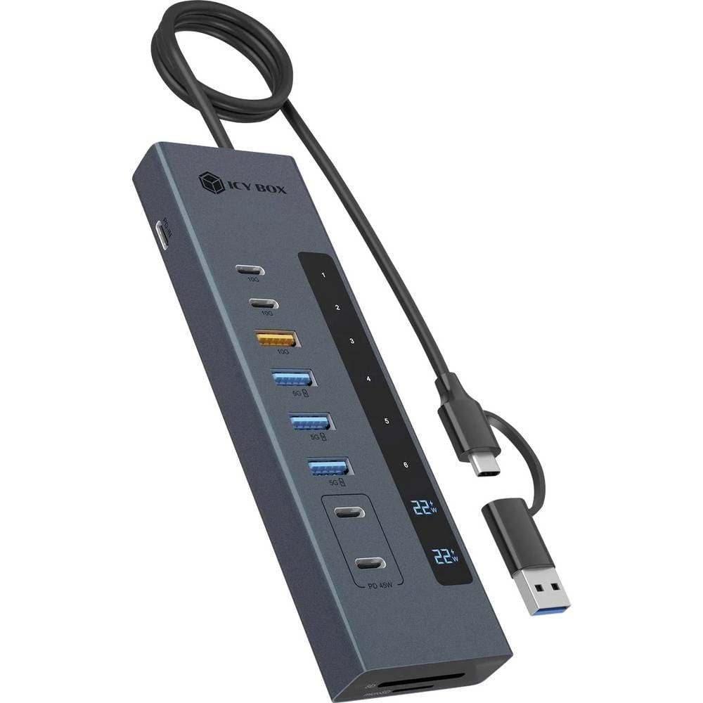 ICY BOX IB-HUB1742CR-C2PD 61159 USB-hub 7 + 2 poorten USB-C 3.2 Gen 2, USB-C (met Power Delivery), USB-A 3.2 Gen 2, USB-A 3.2 Gen 1, SDHC, SDXC, SD,