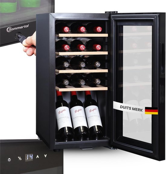 Sommertal WK 50 wijnkoeler – 15 flessen - Instelbaar van 5–20 °C - Afsluitbaar - Ledverlichting - Glazen deur - Touchscreen - 4 houten planken - Stil en energiezuinig - Uv-bestendi…