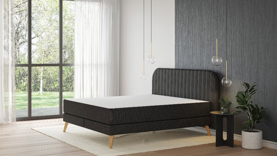 Emma Original Elite Boxspring – Donkergrijs – 140x200 cm – Hoofdbord Strepen – Houten poten
