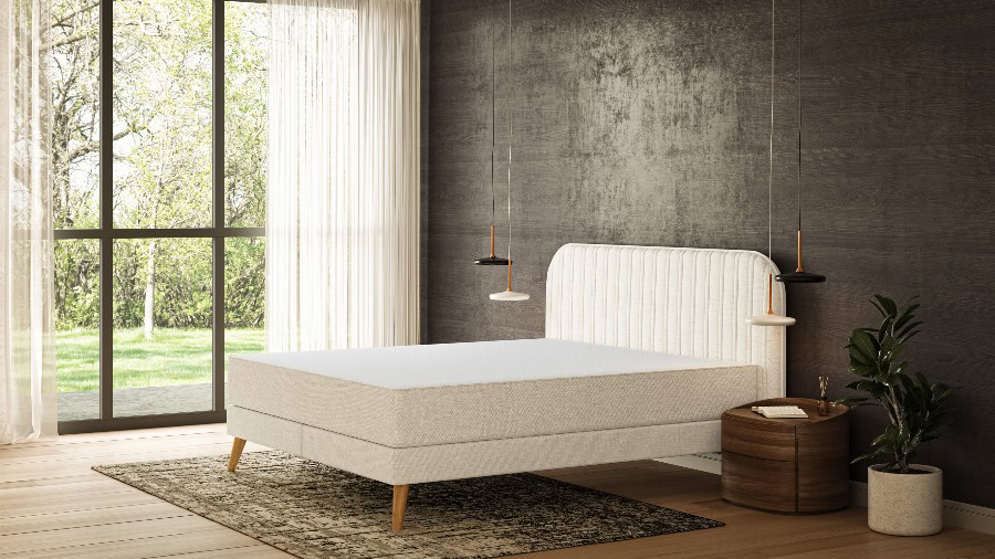 Emma Original Elite Boxspring – Beige – 140 cm – Hoofdbord Strepen – Houten poten