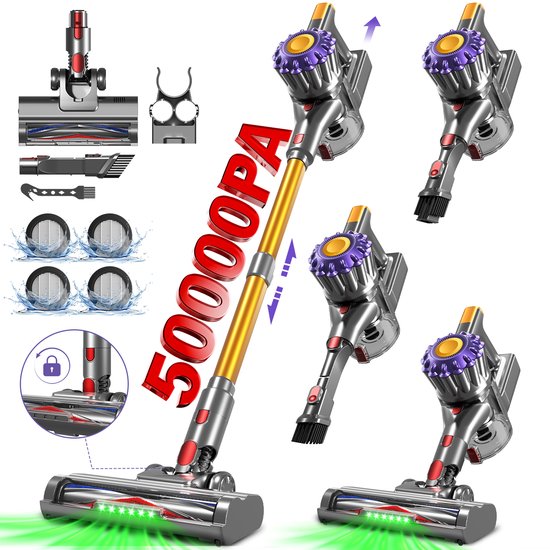 Adormii Steelstofzuiger Draadloos – 50000Pa Sterke Zuigkracht – 60 Min Accuduur – Anti-haarwikkel Vloerborstel – 4 HEPA-filters – 1,6 L Stofreservoir – Groene LED Stofdetectieverli…