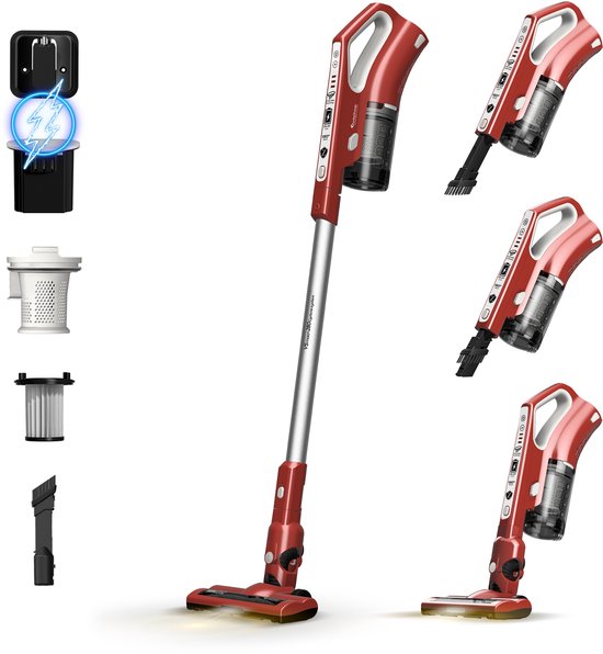 TurboTronic VS280 Cyclonic – 2-in-1 draadloze Steelstofzuiger met kruimeldief – hoge zuigkracht – 2 snelheden – 2200 mAH accu – 180W – extra accessoires – Rood