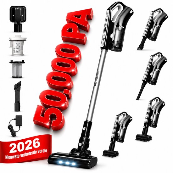 TurboTronic VS280 – 50000PA Cyclonic – 2-in-1 draadloze Steelstofzuiger met kruimeldief – hoge zuigkracht – 2 snelheden – 2200 mAH accu – 120W – extra accessoires – Zwart