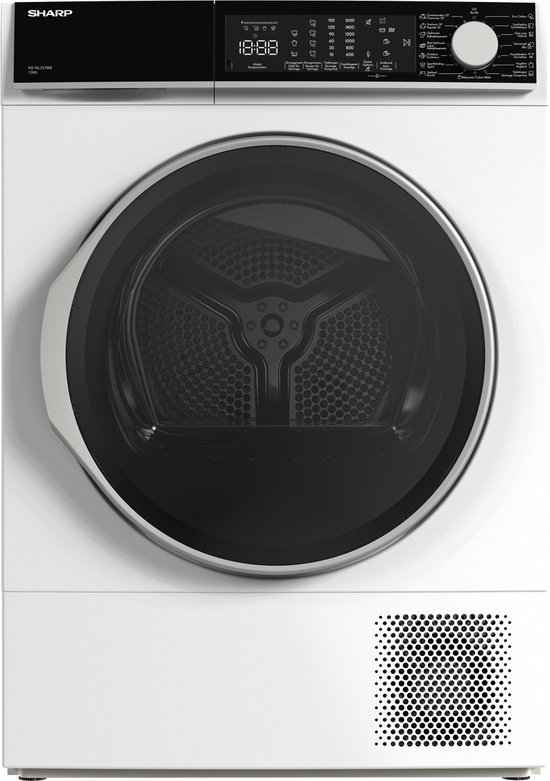 Sharp KDNL2S7WEBE – warmtepomp droger – energie label E – 12 kg – 15 programma’s – trommelverlichting – links en rechts draaiend – 8 sensor technologie – wit