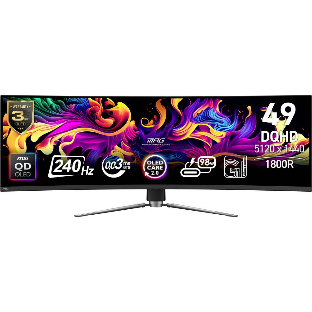 MSI MPG 491CQPXDE Gaming monitor Energielabel G (A – G) 124.5 cm (49 inch) 5120 x 1440 Pixel 32:9 0.03 ms DisplayPort, HDMI OLED