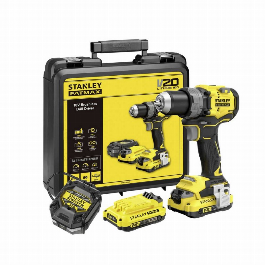 STANLEY FATMAX V20 18V Brushless Schroefboormachine met 2 x 2.0Ah accu en lader - in koffer SFMCD725D2K-QW