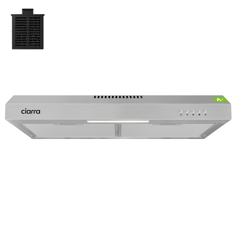 Ciarra slank 60 cm afzuigkap voor montage op een kast – roestvrijstalen behuizing, compact ontwerp, dubbele ventilatieoptie, bediening met drukknoppen