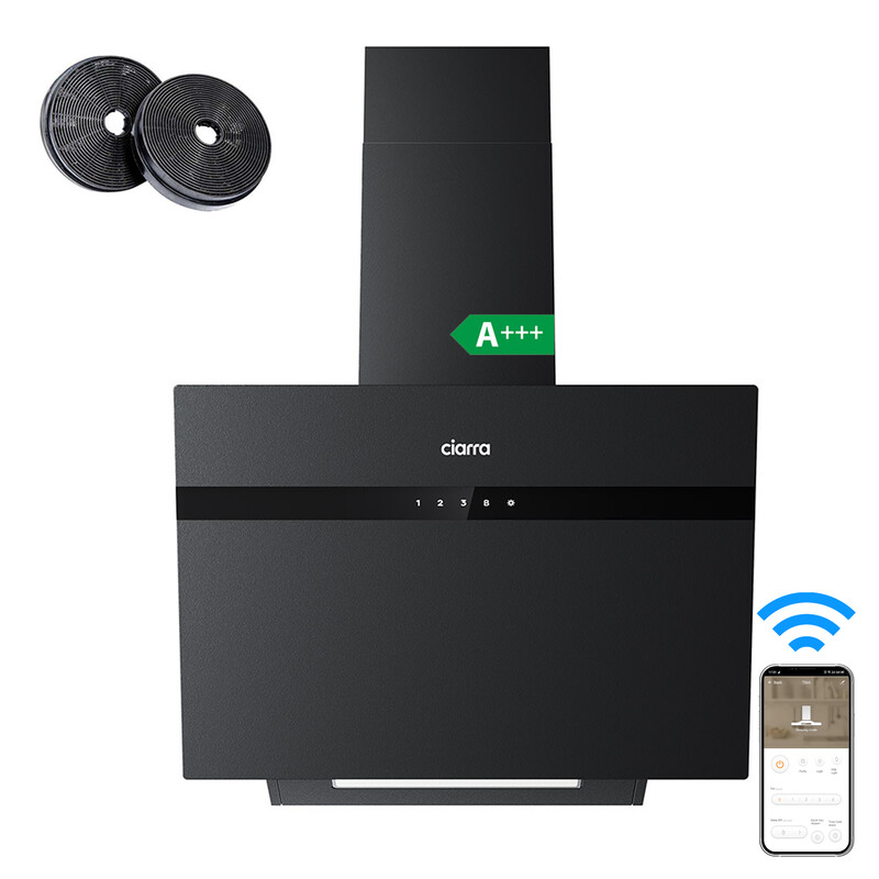 Ciarra convectie hoofdloze schuine afzuigkap, mat zwart glas 60 cm, beschrijfbaar, App/Wi-Fi bediening, A+++