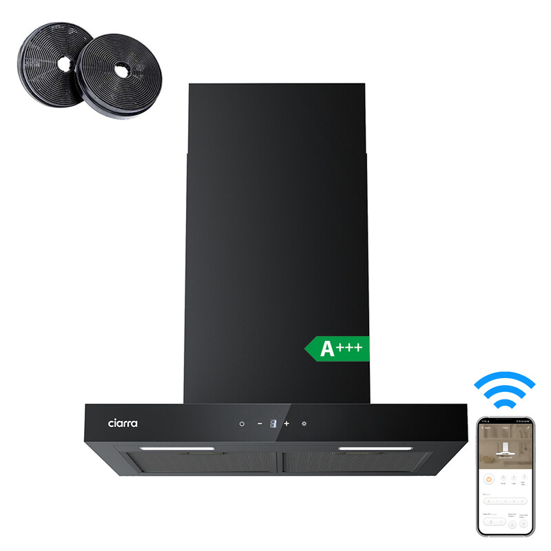 Ciarra recirculatie afzuigkap 60 cm, Wi-Fi & app aanraakbediening, 650 m³/u, wandmontage, 4 snelheden met boostfunctie, zwarte aluminiumfilters, energieklasse A+++