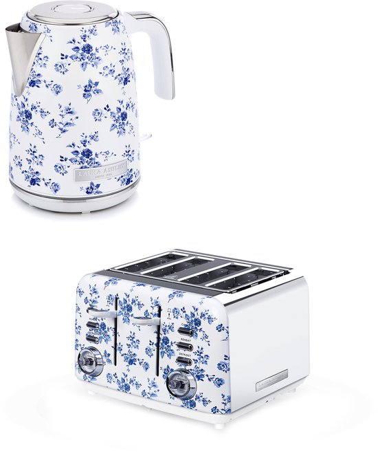 Laura Ashley by VQ Keuken Set – Jug Waterkoker 1,7L & 4-Sleuven Broodrooster – China Rose – Luxe Design Ontbijtset