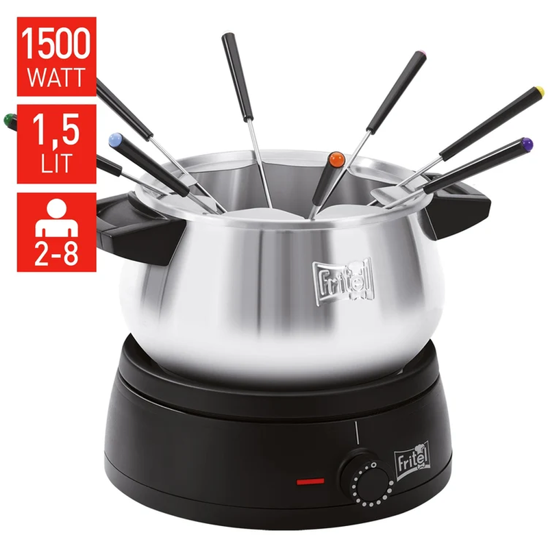 Fritel Fondue FO 2470 – Elektrische fondueset/fonduepan – Kerstcadeau/Feestcadeau – 1,5 L – 1500 W – Voor 2 tot 8 personen + 8 fonduevorken – PFAS-vrij