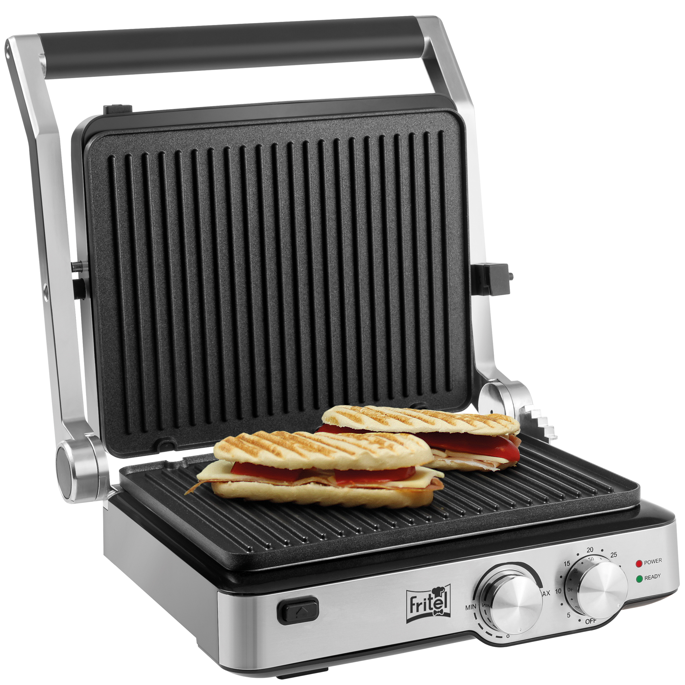 FRITEL Grill GR 2285 – Paninigrill, Tosti-ijzer & BBQ in 1 – Elektrische Grill 29×23 cm – 2000W – Uitneembare Platen – 180° Openklapbaar