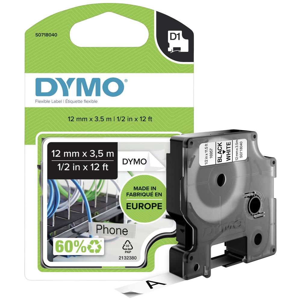 DYMO Flexible Nylon 12mm x 3,5m Zwart Wit Labels