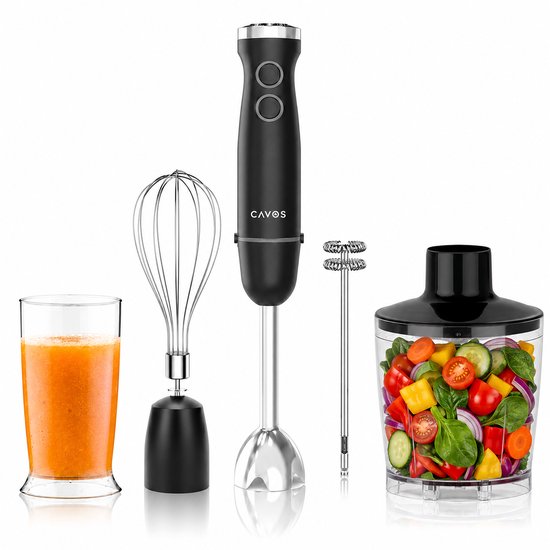 Cavos Staafmixer 6-in-1 - Krachtige Staafmixer set met 1500W en 20 Snelheden - Inclusief Hakmolen, Garde en Melkopschuimer - Vaatwasserbestendig - RVS - Zwart