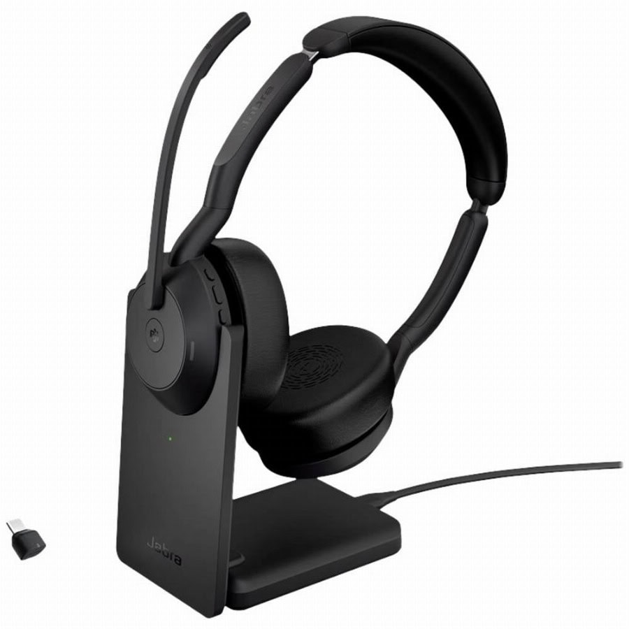 Jabra Evolve 2 55 MS Stereo On Ear headset Bluetooth Stereo Zwart Noise Cancelling, Ruisonderdrukking (microfoon) Incl. oplaad- en dockingstation Computer