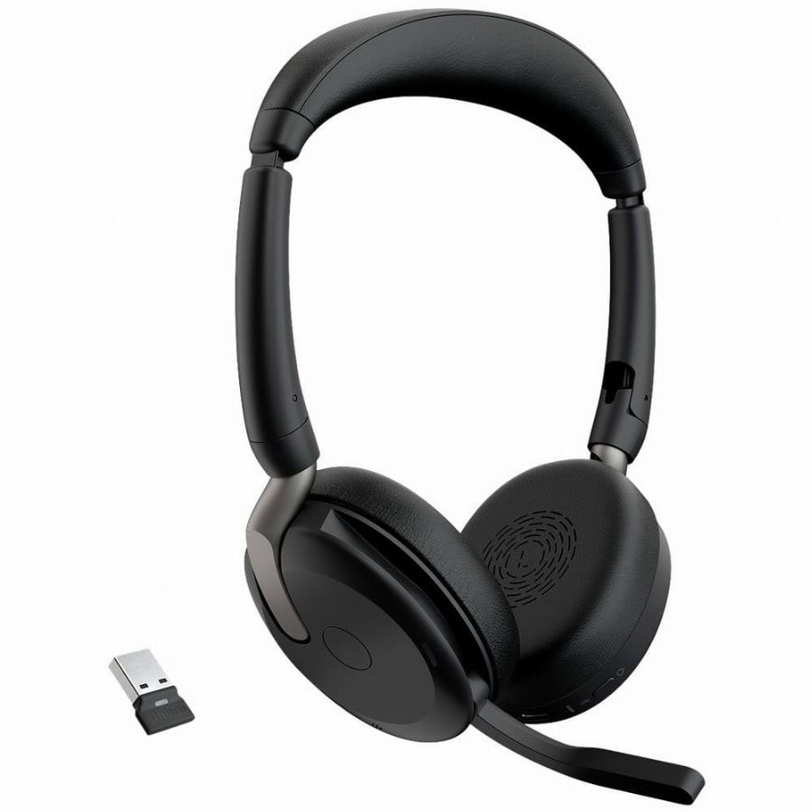 Jabra Evolve2 65 Flex Link380a MS On Ear headset Bluetooth Stereo Zwart Noise Cancelling Headset, Microfoon uitschakelbaar (mute), Volumeregeling, Inductie,