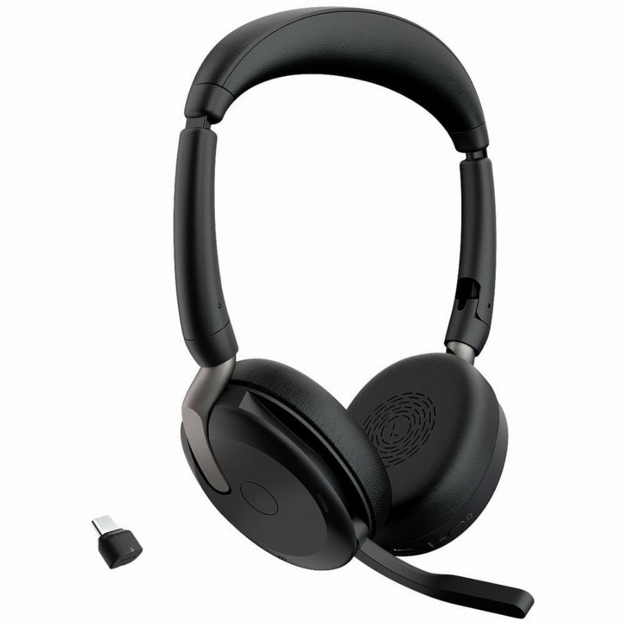 Jabra Evolve2 65 Flex Link380c MS On Ear headset Bluetooth Stereo Zwart Noise Cancelling Headset, Microfoon uitschakelbaar (mute), Volumeregeling, Inductie,