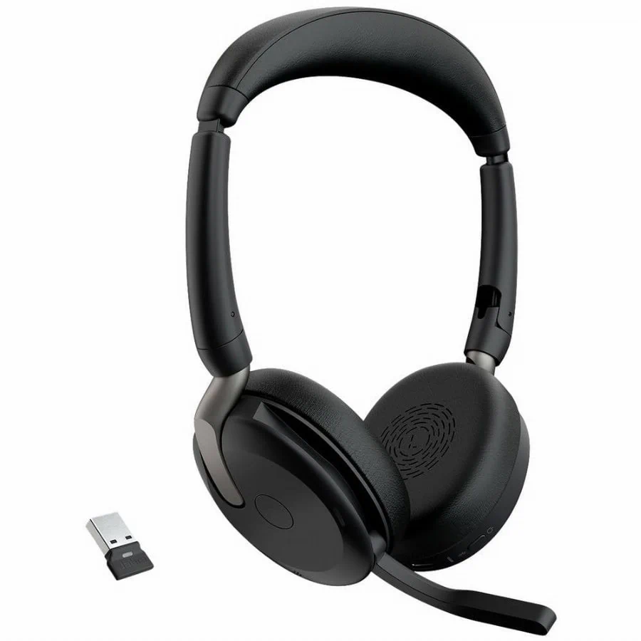 Jabra Evolve2 65 Flex Link380a MS + Ladepad On Ear headset Bluetooth Stereo Zwart Noise Cancelling Headset, Microfoon uitschakelbaar (mute), Volumeregeling,