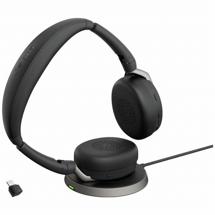 Jabra Evolve2 65 Flex Link380c MS + Ladepad On Ear headset Bluetooth Stereo Zwart Noise Cancelling Headset, Microfoon uitschakelbaar (mute), Volumeregeling,