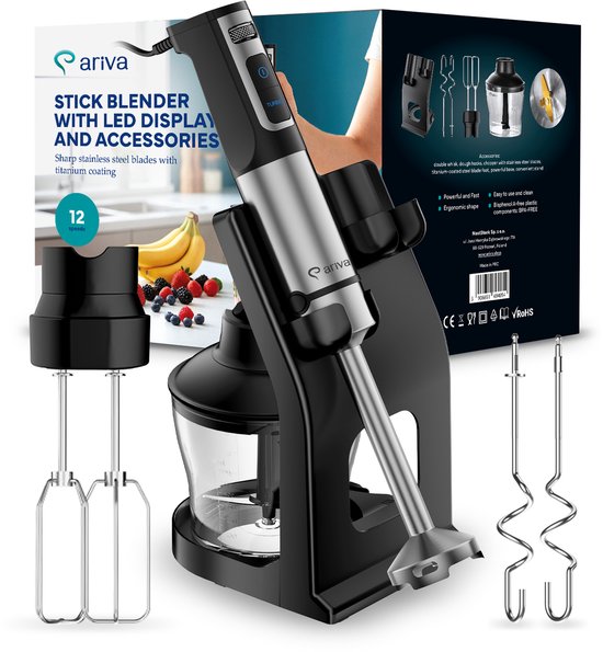 ARIVA-6 in 1-Staafmixer-Led-display-Accessoires-1500W maximaal-Mixen, hakken, kloppen-Titanium mes-0.8L-Standaard-Keukenmachine-Deeghaken-Garde