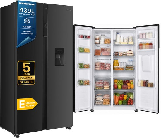 Heinner HSBS-H439NFBKWDE++ Amerikaanse Side-by-Side Koelkast met Waterdispenser – 439 L – Full No Frost – LED Touch Display – Smart Eco Functie – Zwart – 5 Jaar Garantie