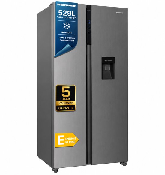 Heinner HSBS-HM529NFXWDE++ Amerikaanse Side-by-Side Koelkast 529 L – Full No Frost – Waterdispenser – LED Touch Display – Dual Inverter – RVS – 5 Jaar Garantie