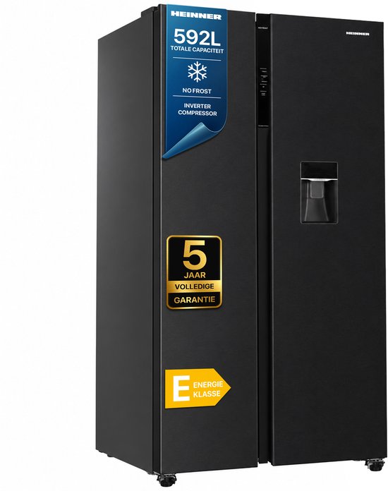 Heinner HSBS-HM592NFDXWDE++ Amerikaanse Side-by-Side Koelkast met Waterdispenser – 592 L – Full No Frost – LED Touch Display – InoxCool – Inox Antraciet – 5 Jaar Garantie
