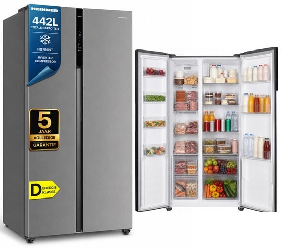 Heinner HSBS-HM442NFINVXD Amerikaanse Side-by-Side Koelkast – 442 L – Full No Frost – LED Touch Display – Smart Eco Functie – RVS – 5 Jaar Garantie