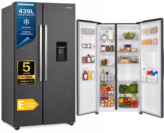 Heinner HSBS-HM439NFINVDGWDE++ American Side-by-Side Koelkast met Waterdispenser 439 L – Total No Frost – Super Freezing – Open-deur Alarm – Vingerafdrukbestendige Afwerking – Antr…