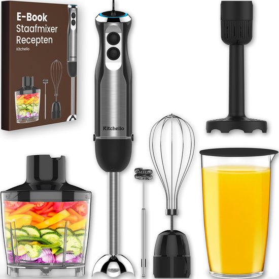 Staafmixer set - 7-in-1 - 1000W - 21 Snelheden en Turbo - met Hakmolen, Garde, Melkopschuimer, Pureerstaaf en Maatbeker - Soepmaker, Mixer Staafmixer - RVS - Zwart - Incl. Ebook -…