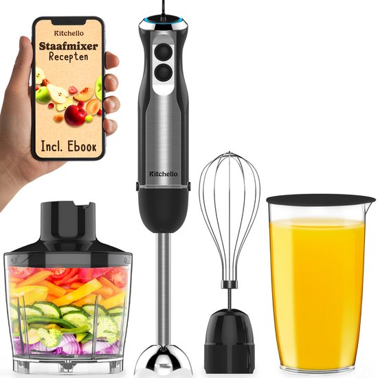 Kitchello - Staafmixer - 5-in-1 - Staafmixer Set - Met Hakmolen, Garde, Maatbeker - 1000 Watt - Met Accessoires - Soepmaker - Handmixer - Blender - 21 Snelheden - Turbo Functie - Z…
