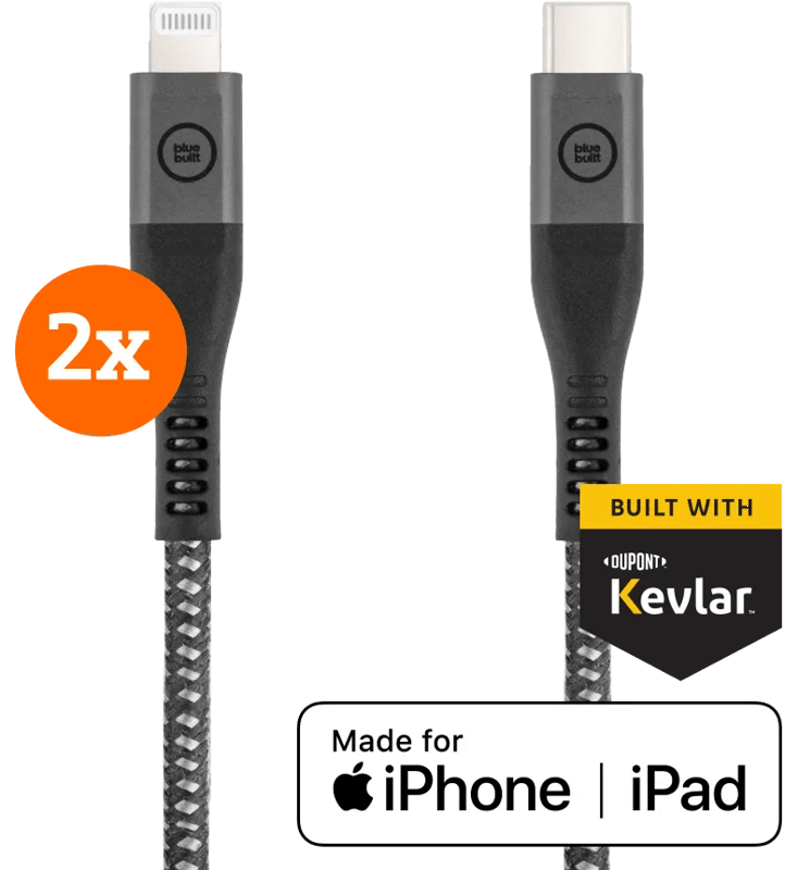 BlueBuilt Usb C naar Lightning Kabel 1,5m Kevlar Zwart Duo Pack