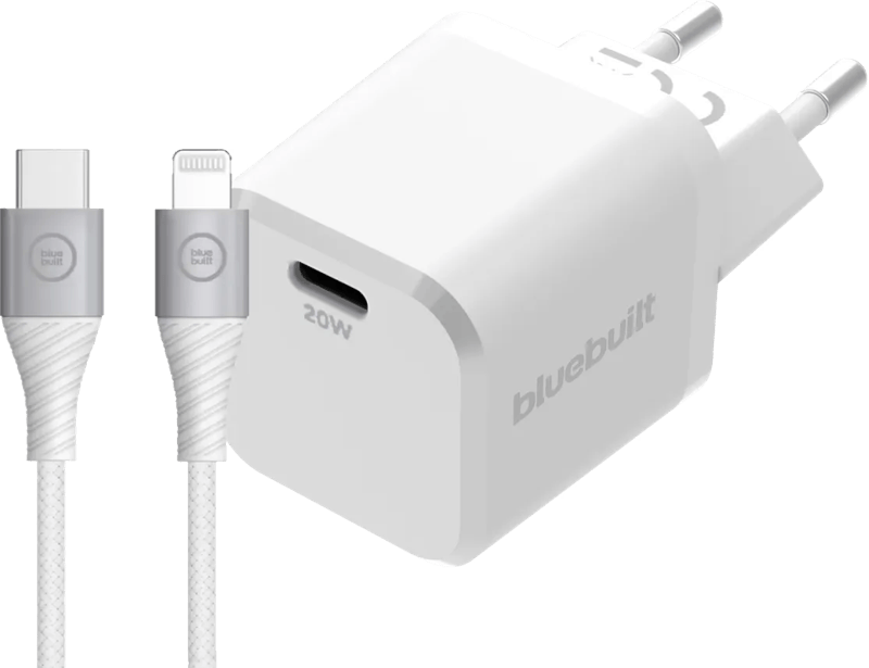 BlueBuilt Power Delivery Oplader 20W + Lightning Kabel 1,5m Nylon Wit