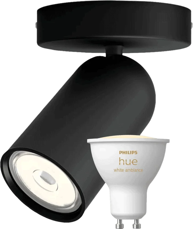 Philips Pongee opbouwspot - 1 spot - zwart + Philips Hue White Ambiance GU10