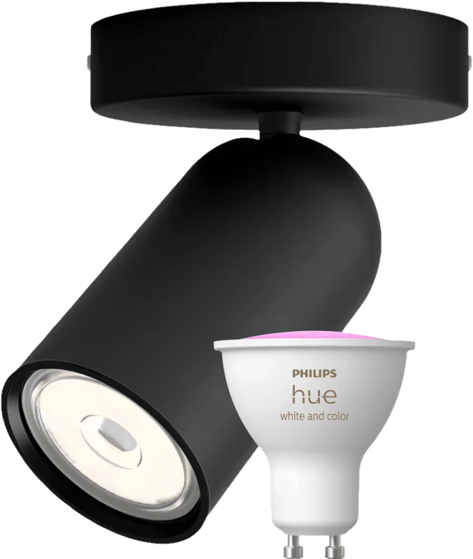 Philips Pongee opbouwspot - 1 spot - zwart + Philips Hue White and Color GU10