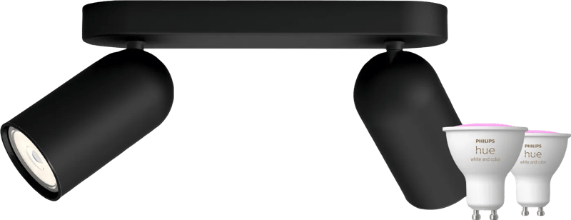 Philips Pongee opbouwspot - 2 spots - zwart + Philips Hue White and Color GU10 (2x)