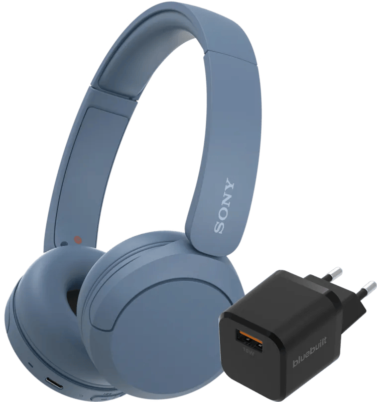 Sony WH-CH520 Blauw + BlueBuilt Quick Charge Oplader met Usb A Poort 18W Zwart