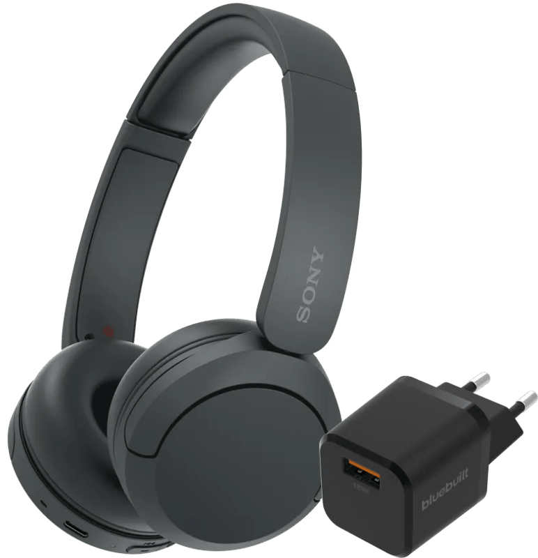 Sony WH-CH520 Zwart + BlueBuilt Quick Charge Oplader met Usb A Poort 18W Zwart