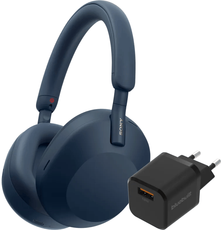 Sony WH-1000XM5 Blauw + BlueBuilt Quick Charge Oplader met Usb A Poort 18W Zwart