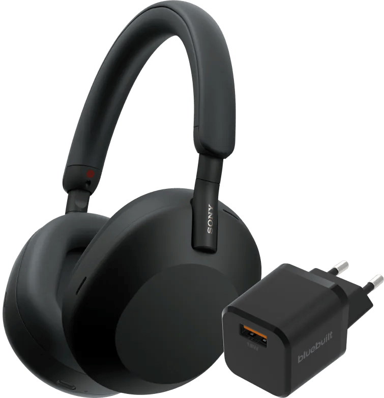 Sony WH-1000XM5 Zwart + BlueBuilt Quick Charge Oplader met Usb A Poort 18W Zwart