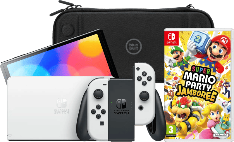 Nintendo Switch OLED Wit + Mario Party Jamboree + BlueBuilt Beschermhoes