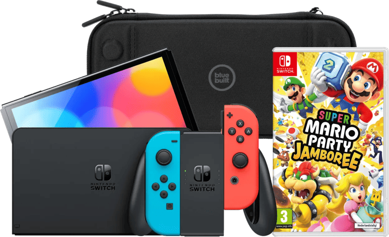 Nintendo Switch OLED Blauw/Rood + Mario Party Jamboree + BlueBuilt Beschermhoes