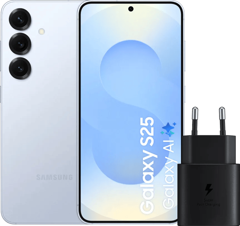 Samsung Galaxy S25 128GB Lichtblauw 5G + Samsung Oplader 25 Watt Zwart