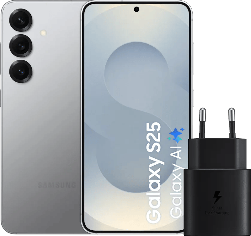 Samsung Galaxy S25 256GB Zilver 5G + Samsung Oplader 25 Watt Zwart