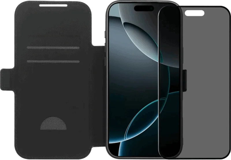 BlueBuilt Apple iPhone 17 Pro Max Book Case Leer Zwart + BlueBuilt iPhone 17 Pro Max Privacy Screenprotector Glas
