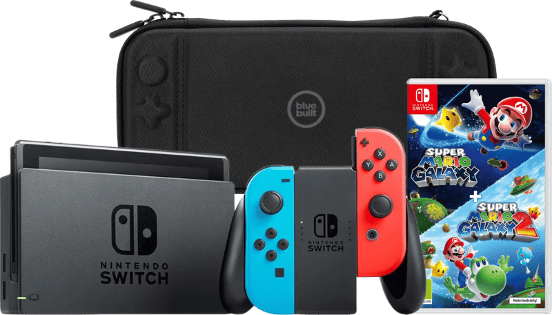 Nintendo Switch Rood/Blauw + Super Mario Galaxy 1+2 + BlueBuilt Beschermhoes
